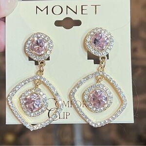 Pink and white crystal drop clip on earrings set in gold